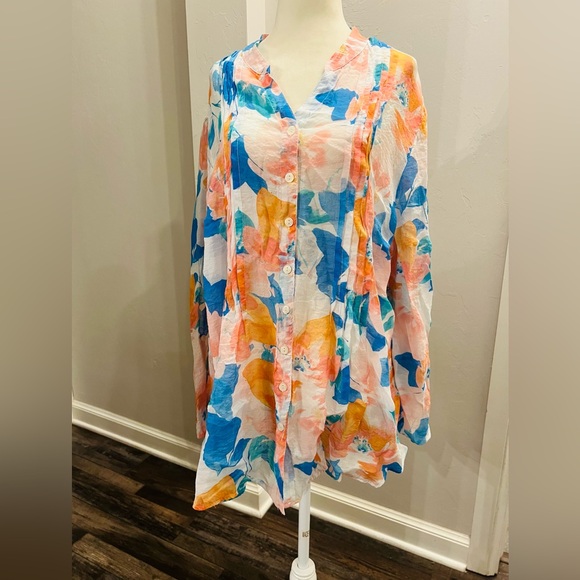Ruby Rd. Tops - Ruby Rd Tunic Top Shirt Blouse Women 1X Orange White Blue Watercolor Button